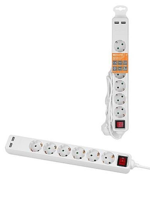 Удлинитель бытовой У06В-USB 6 гнезд, 2USB 2,4А, 1,5 м, вык., з/к, ПВС 3х0,75мм2 10А/250В белый | SQ1303-0306 | TDM — фото 1 | Sento