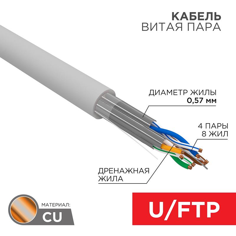 Каб. U/FTP, CAT 6A, ZH нг(А)-HF (LSZH), 4х2х0,57 мм, 23AWG, INDOOR, SOLID, серый, 305м PRO | 02-0321 | REXANT — REXANT