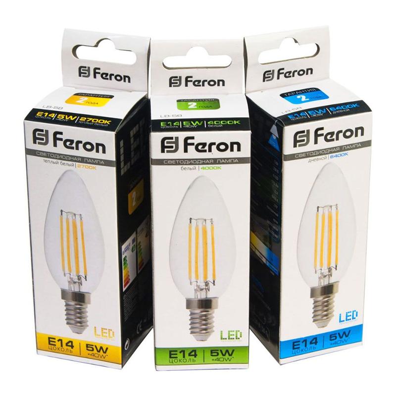Лампа светодиодная LB-58 (5W) 230V E14 2700K филамент C35 прозрачная | 25572 | FERON — миниатюра 3