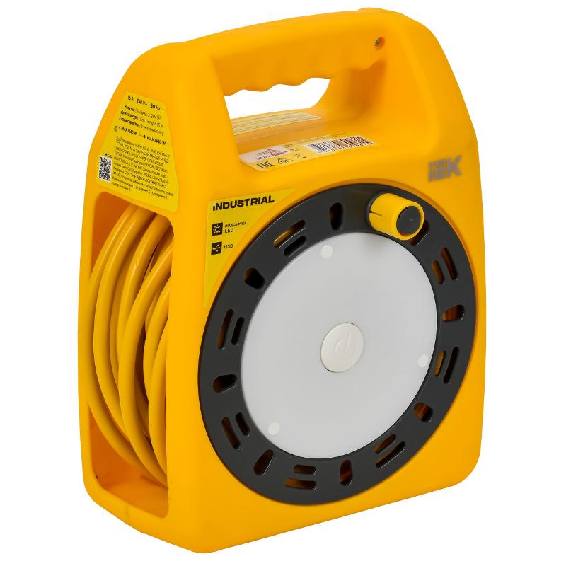 INDUSTRIAL Катушка УК15 2P+PE 3×1,5мм2 USBх2 LED 15м | IN-KP24-16-03-15-UL | IEK — миниатюра 2