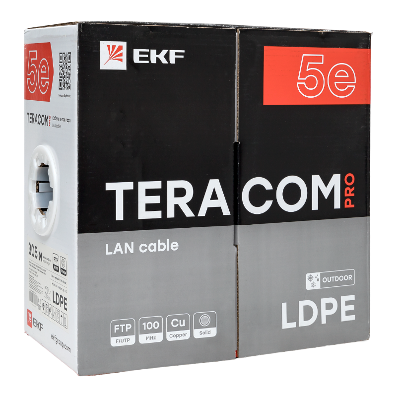 Кабель витая пара TERACOM PRO Cat.5E F/UTP 4 пары solid внешний 24AWG черный упак. 305м | TRP-5EFTP-04PE-BK-OUT3 | EKF — миниатюра 8