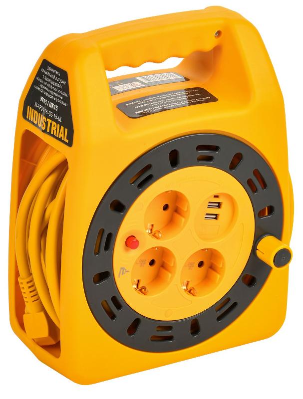 INDUSTRIAL Катушка УК15 2P+PE 3×1,5мм2 USBх2 LED 15м | IN-KP24-16-03-15-UL | IEK — IEK (ИЭК)