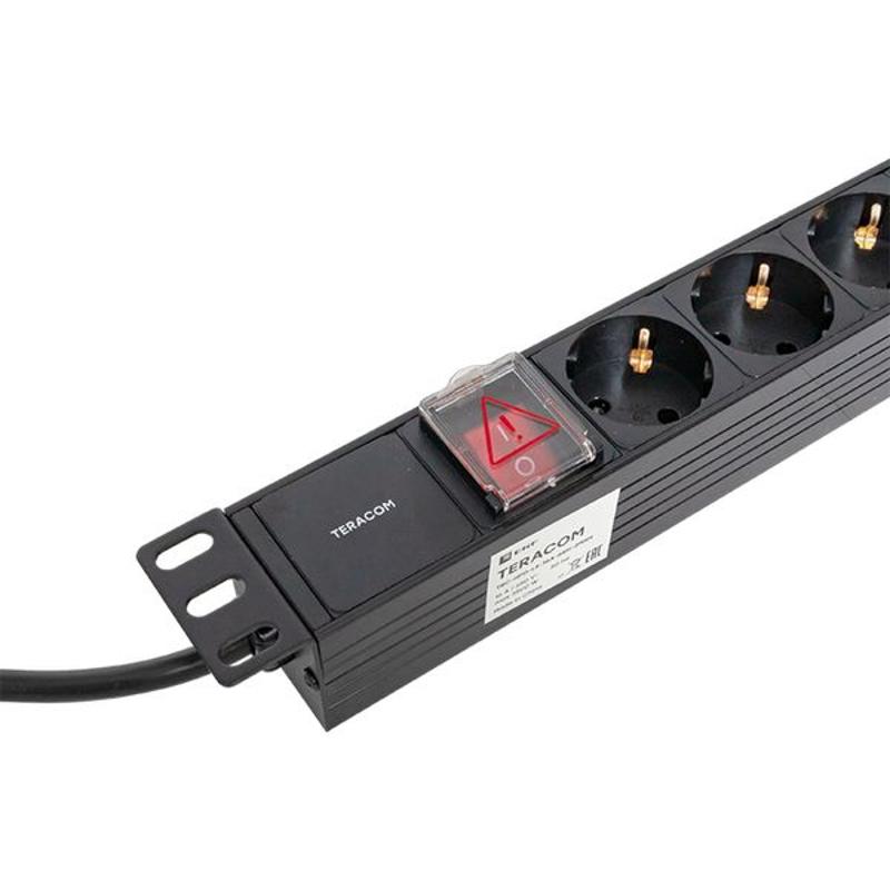 Блок розеток PDU TERACOM 19" 1U 16А/250В 6 розеток Schuko 2 метра 3x1,5 мм2 вилка Schuko | TRC-HPD-LS-16A-6SH-2MSH | EKF — миниатюра 16