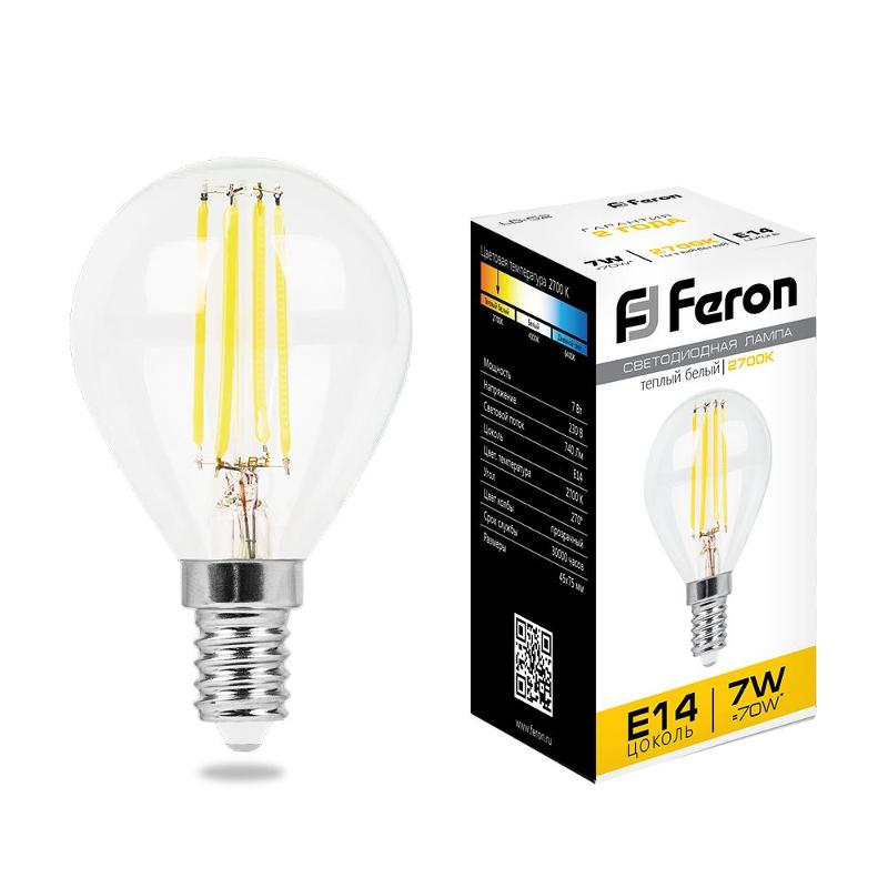 Лампа светодиодная LB-52 (7W) 230V E14 2700K филамент G45 прозрачная | 25874 | FERON — фото 1 | Sento