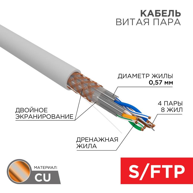 Кабель витая пара, S/FTP, CAT 6A, ZH нг(А)-HF, 4х2х0,575мм, 23AWG, INDOOR, SOLID, серый, 305м REXANT PRO | 02-0325 | REXANT — REXANT