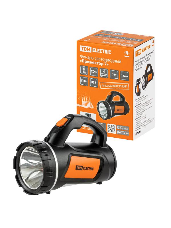 Фонарь светодиод. "Прожектор 7", аккумуляторный, 3 Вт LED+COB, 120 лм, 3,7 В 1,5 А*ч, USB | SQ0350-0051 | TDM — фото 1 | Sento