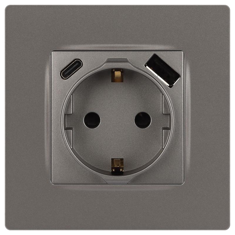 Розетка  Серия 12 12-4108-16 2P+E 16A-250В со шторками с USB type-A+C 5В-3А титан | Б0067762 | ЭРА — миниатюра 3