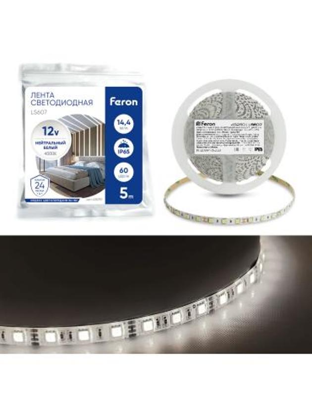 Лента светодиодная, 60SMD(5050)/m 14.4W/m 12V 5m 4000К, LS607 FERON | 48290 | FERON — Feron
