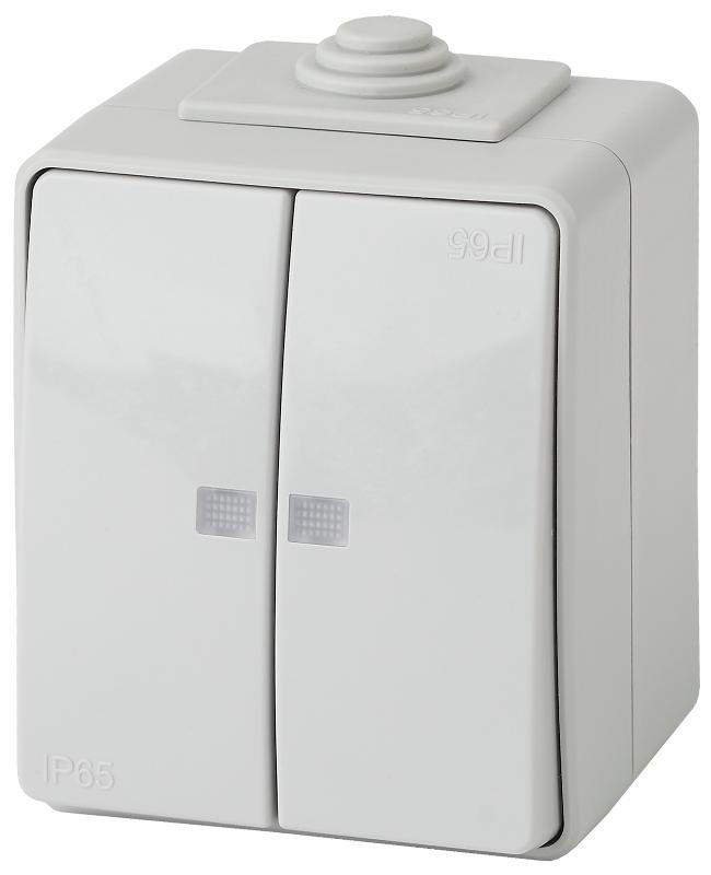 Выключатель 2-клавишный с подсветкой IP65, 10АХ-250В, ОУ, 11-1605-03 Эра Эксперт, Серый | Б0035977 | ЭРА — фото 1 | Sento