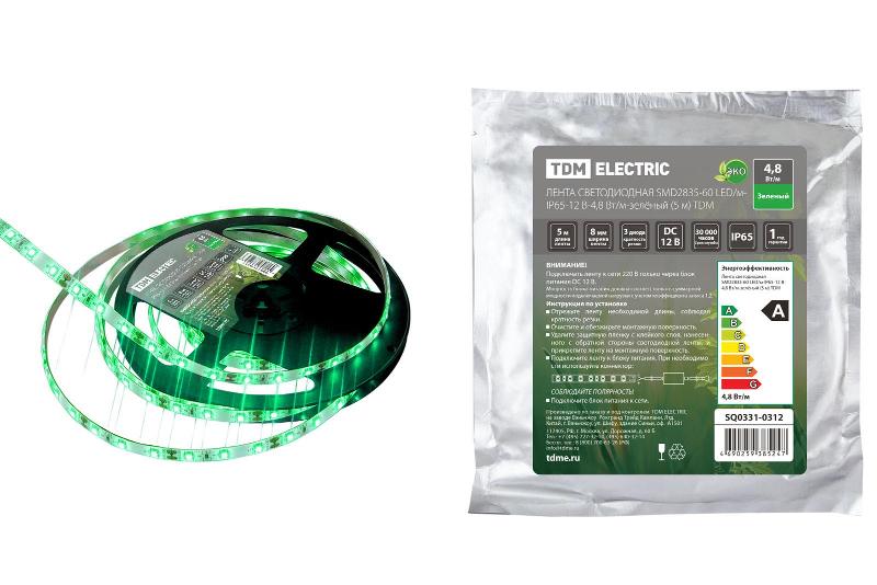 Лента светодиодная SMD2835-60 LED/м-IP65-12 В-4,8 Вт/м-зелёный (5 м) | SQ0331-0312 | TDM — фото 1 | Sento