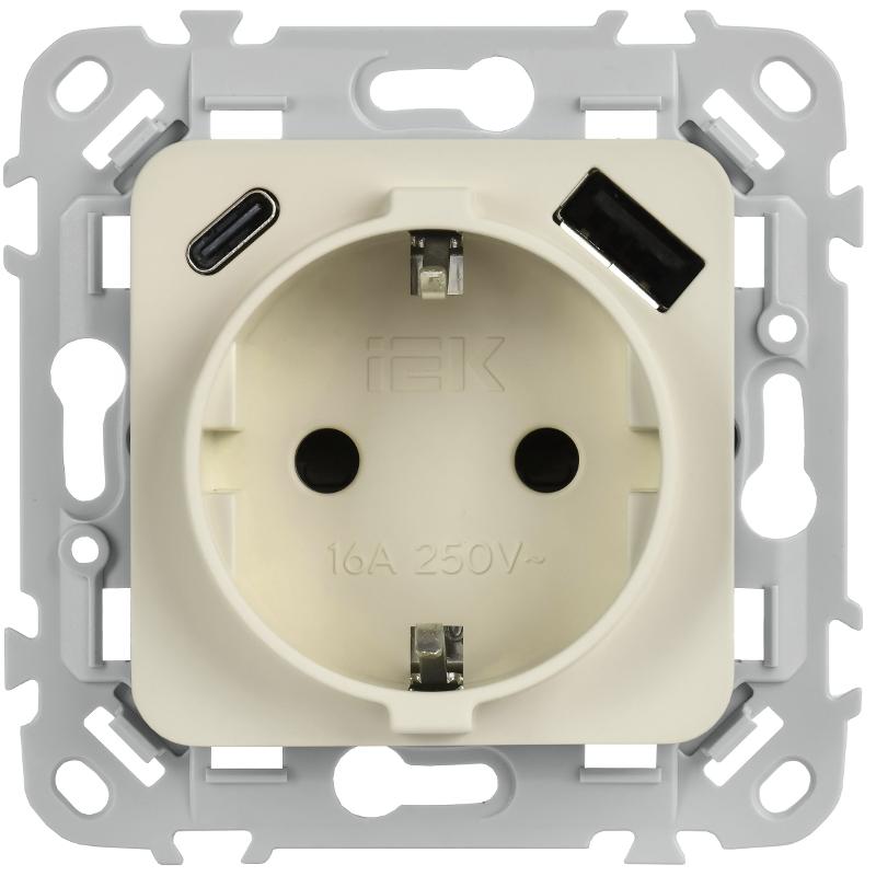 FLITE Розетка с заземлением со шторками 16А с USB A+C 20Вт быстрозажимные клеммы РСЮшс11-1-ФлЛ льняной | FI-R14-16-1-U22-020-K88 | IEK — миниатюра 2
