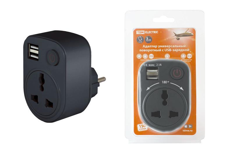 Адаптер универсальный поворотный с/з 250В 16А + 2USB 2.1A черный | SQ1806-0184 | TDM — фото 1 | Sento