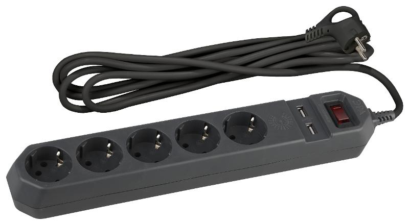 Сетевой фильтр USF-5es-1.5m-USB-B   (черный) с заземл, 3x0,75мм2, с выкл, 5гн+2USB, 1.5м (20/600) |Б0019036 | ЭРА — ЭРА (Энергия света)