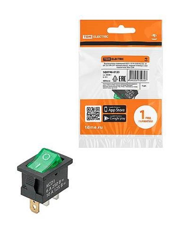KCD1-101N 250В AC/DC, 1P, 6А, (3с), ON-OFF, черный корпус, зеленая клавиша, LED, Mini | SQ0746-0135 | TDM — TDM ELECTRIC