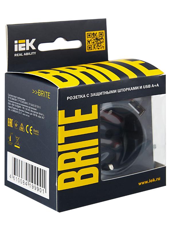 BRITE Розетка с заземлением со шторками 16А с USB A+A 3,1А РЮш10-2-БрМ маренго | BR-R14-16-U21-D31-K35 | IEK — миниатюра 7