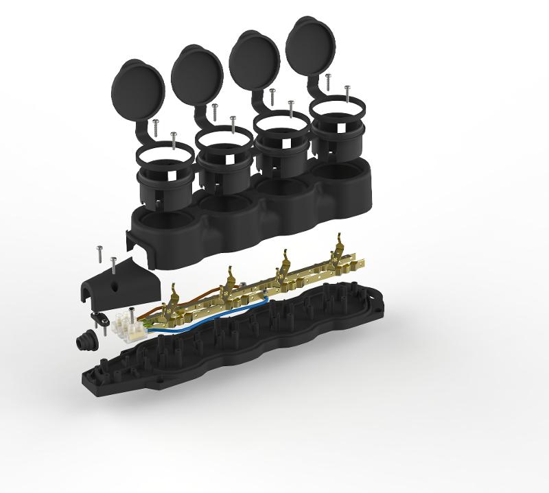 Колодка  KX-4e-B-IP44 каучуковая с заземлением 4 розетки 16A IP44 черная | Б0068394 | ЭРА — миниатюра 2