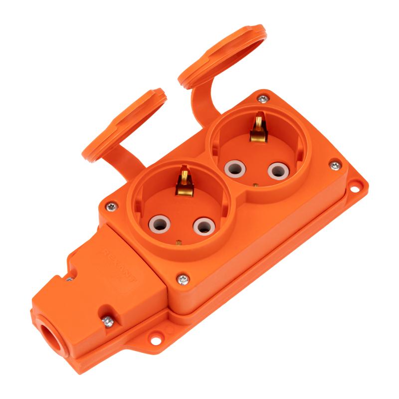Розетка (колодка) влагозащищенная с крышкой 2 гнезда COMPACT, с/з, 16А, IP54, каучук, оранжевая | 111-226 | REXANT — REXANT