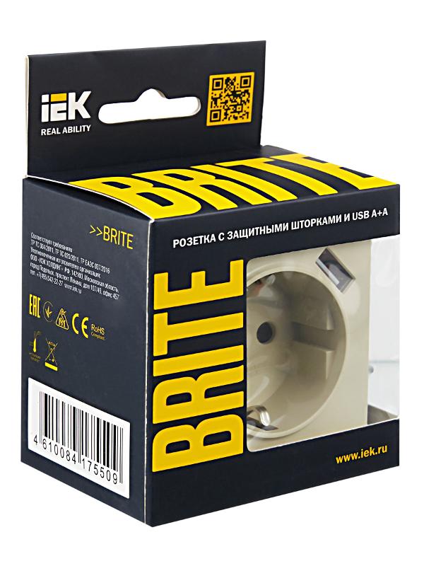 BRITE Розетка с заземлением со шторками 16А с USB A+A 2,1А РЮш10-1-БрКр бежевый | BR-R14-16-U21-D21-K10 | IEK — миниатюра 7