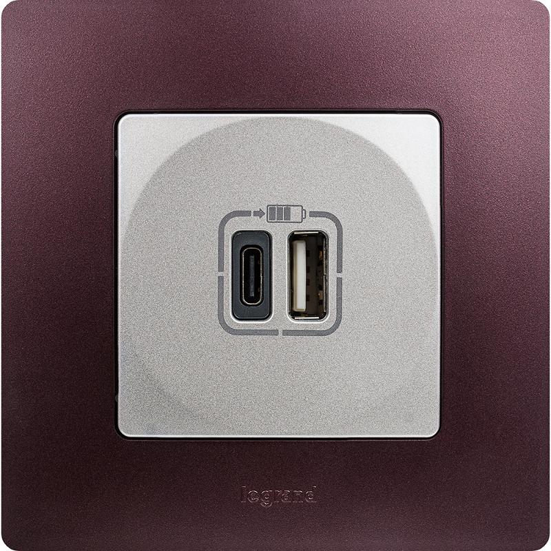 Зарядное устройство USB тип А / тип С - Legrand Etika - 3000мА 15Вт - алюминий — миниатюра 3