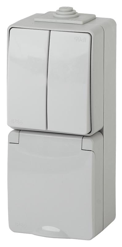 Блок розетка+выключатель 2-клавишный вертикальный IP65, 16A(10AX)-250В, ОУ, 11-7608-03 Эра Эксперт, Серый | Б0035999 | ЭРА — фото 1 | Sento