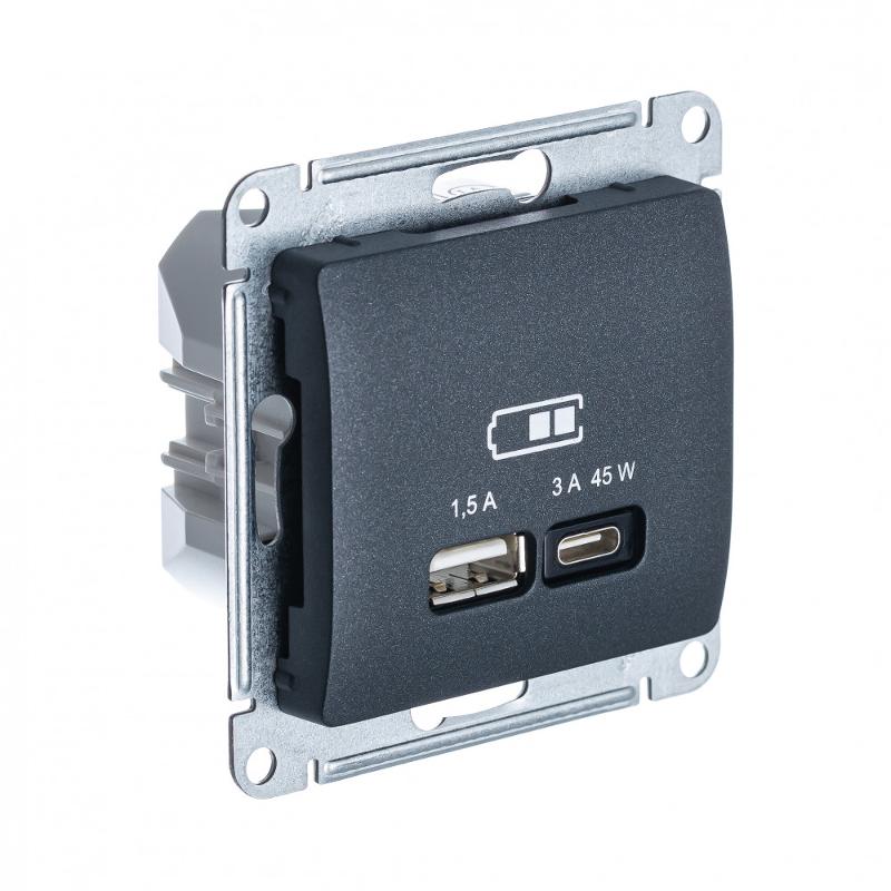 Glossa Антрацит USB Розетка A + тип-C 45W высокоскор.заряд. QC PD | GSL000729 | SE — Systeme Electric