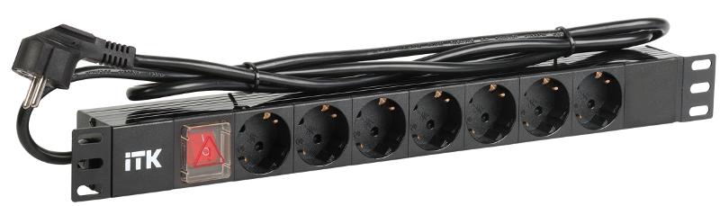 Блок розеток 19 (7шт)PDU с LED выключателем ПВХ 1U шнур 2м вилка DIN49440 (нем.станд) | PH12-7D1-P | ITK — ITK