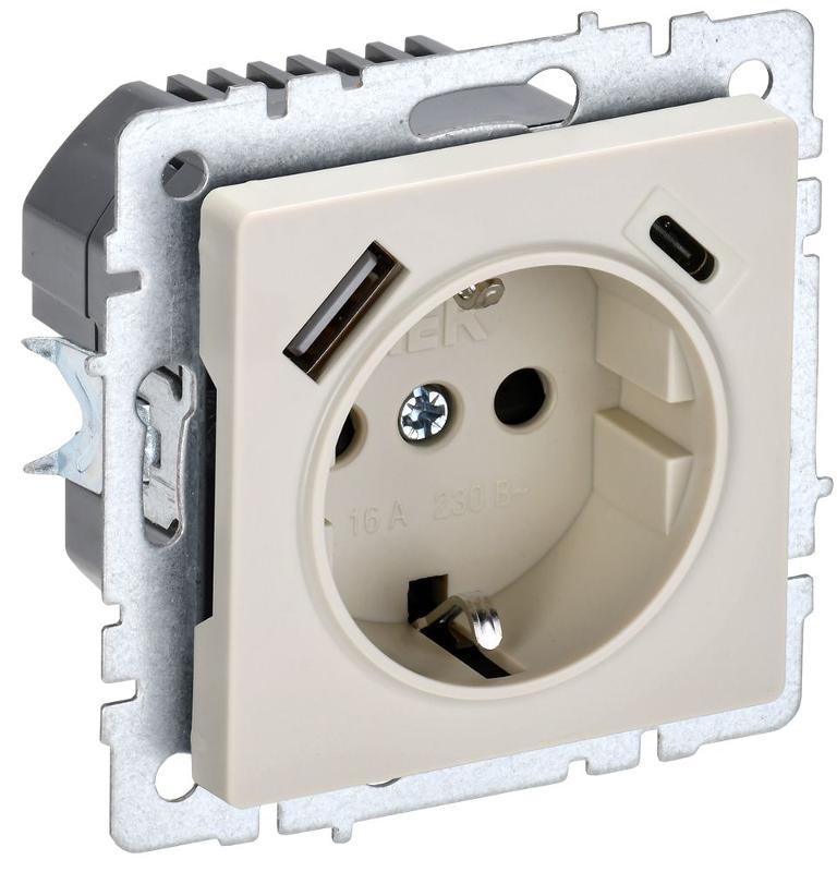 BRITE Розетка с заземлением со шторками 16А с USB A+C 18Вт РЮш11-1-БрКр бежевый | BR-R14-16-U22-018-K10 | IEK — миниатюра 1