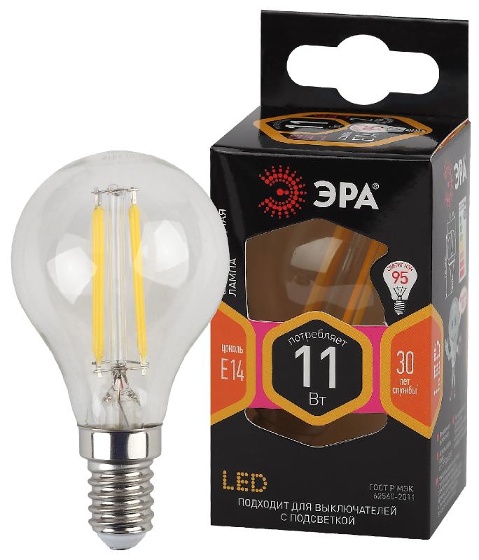 Лампа светодиодная F-LED P45-11w-827-E14 (филамент, шар, 11Вт, тепл, E14) | Б0047012 | ЭРА — миниатюра 1