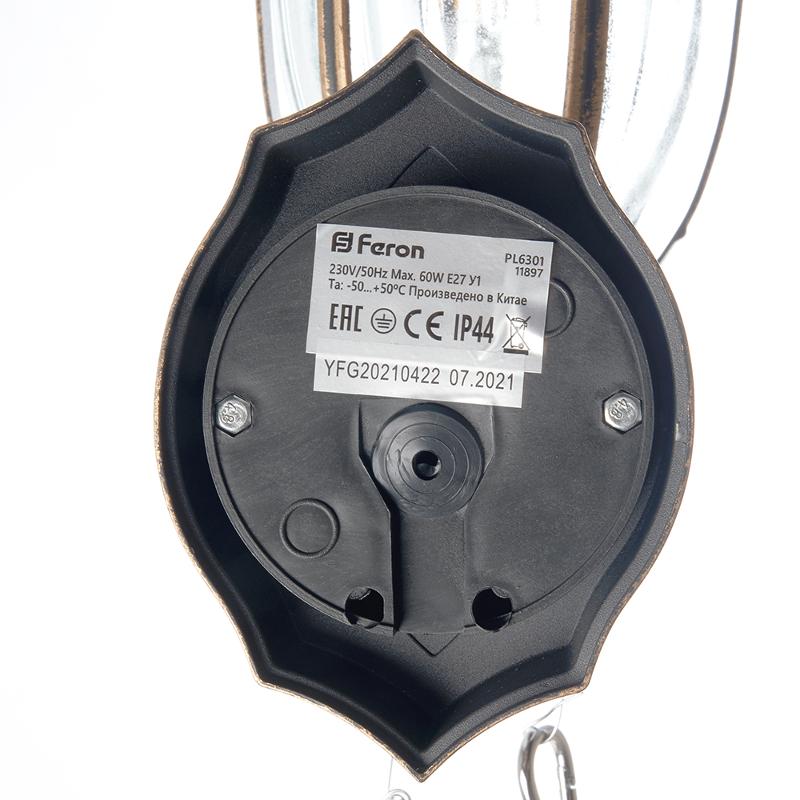 Светильник садово-парковый PL6301 шестигранный на стену вверх 60W E27 230V, черное золото | 11897 | Feron — миниатюра 3