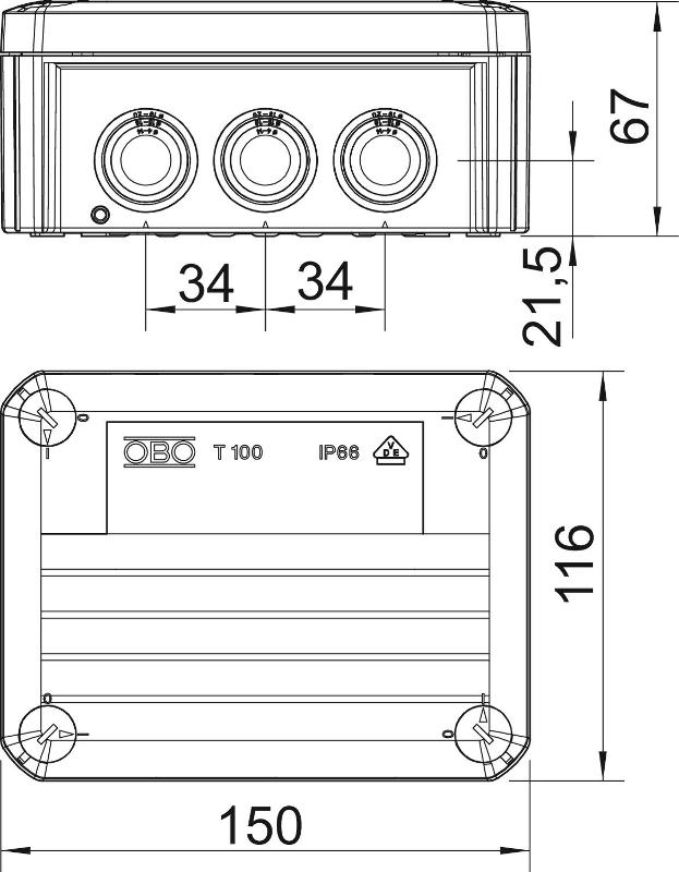 Коробка распределительная T100, 136х102х57 мм, IP66, вводы d25х10, серая ( T 100 )  | 2007077 | OBO Bettermann — миниатюра 6