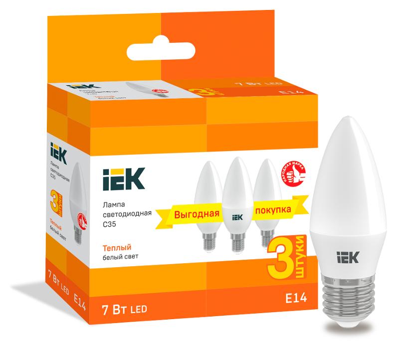 Лампа светодиодная LED C35 свеча 7Вт 230В 3000К E14 (3шт/упак) | LLE-C35-07-230-30-E14-3 | IEK — IEK (ИЭК)
