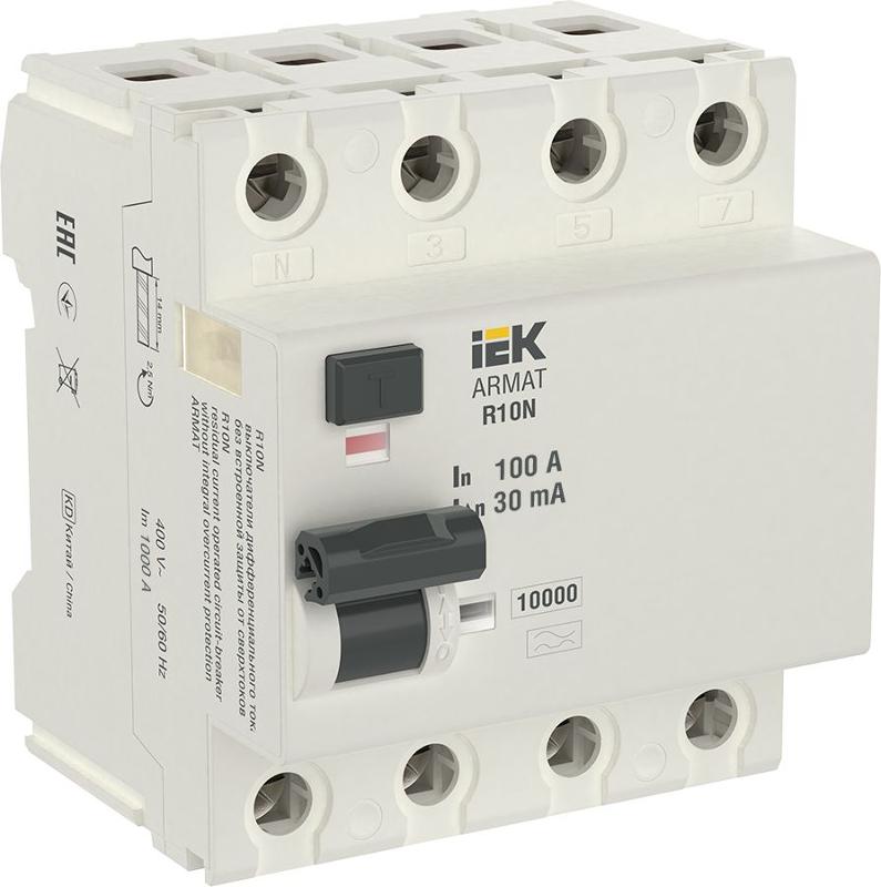 Выключатель дифференциальный (УЗО) R10N 4P 100А 30мА тип AC ARMAT | AR-R10N-4-100C030 | IEK — IEK (ИЭК)