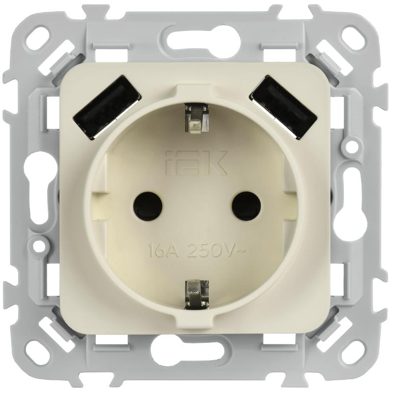 FLITE Розетка с заземлением со шторками 16А с USB A+A 3,1А быстрозажимные клеммы РСЮша11-1-ФлСл сливочный | FI-R14-16-1-U21-D31-K86 | IEK — миниатюра 2