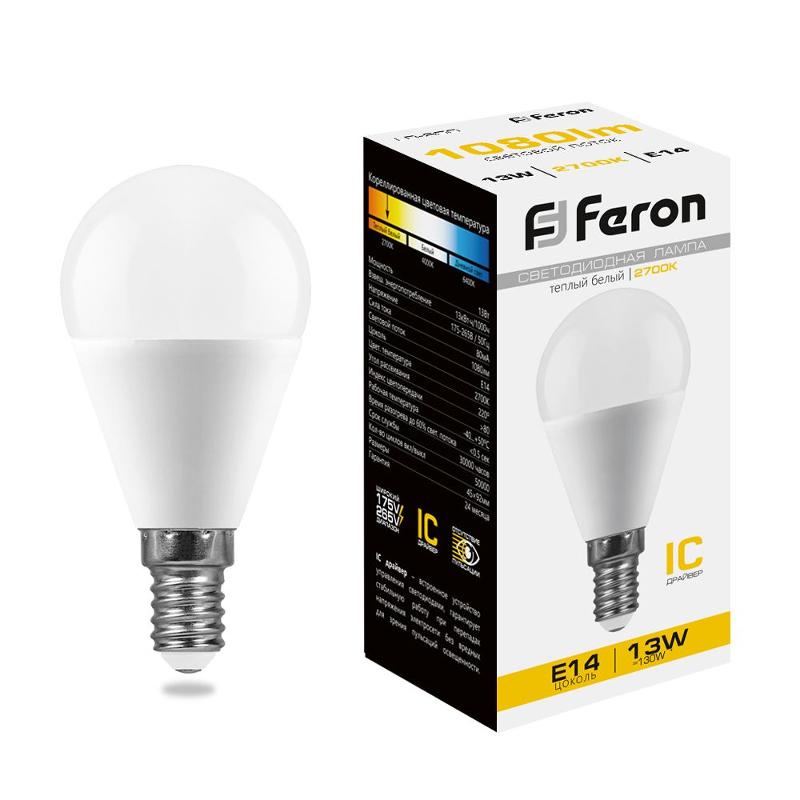 Лампа светодиодная, (13W) 230V E14 2700K G45, LB-950 | 38101 | FERON — Feron
