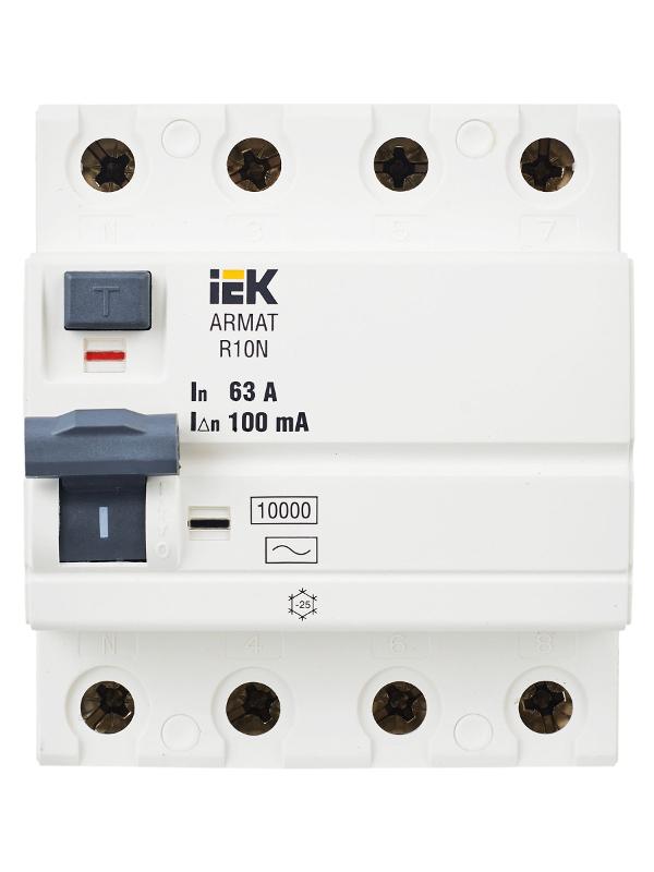 Выключатель дифференциальный (УЗО) R10N 4P 63А 100мА тип AC ARMAT | AR-R10N-4-063C100 | IEK — миниатюра 2