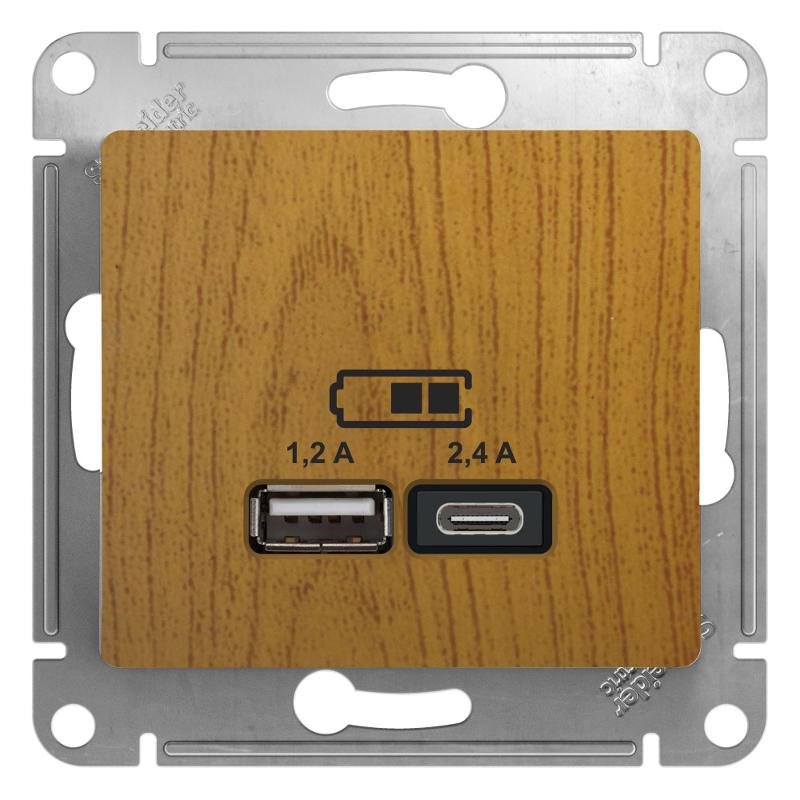 Glossa Дерево Дуб USB Розетка A+С, 5В/2,4А, 2х5В/1,2 А, механизм | GSL000539 | SE — Systeme Electric