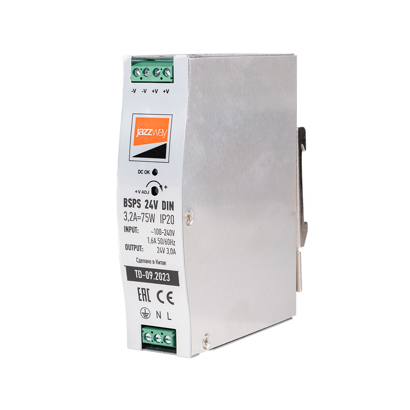 Драйвер для светодиодной ленты BSPS DIN 24V 3.2A= 75w IP20 AL 3г.гар  на DIN-рейку | .5050006 | Jazzway — миниатюра 1