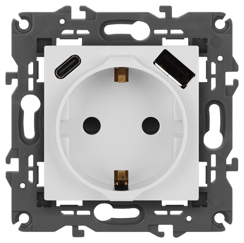 Розетка Elegance 14-4108-01 2P+E 16A-250В со шторками с USB type-A+C 5В-3А белый | Б0067736 | ЭРА — миниатюра 1