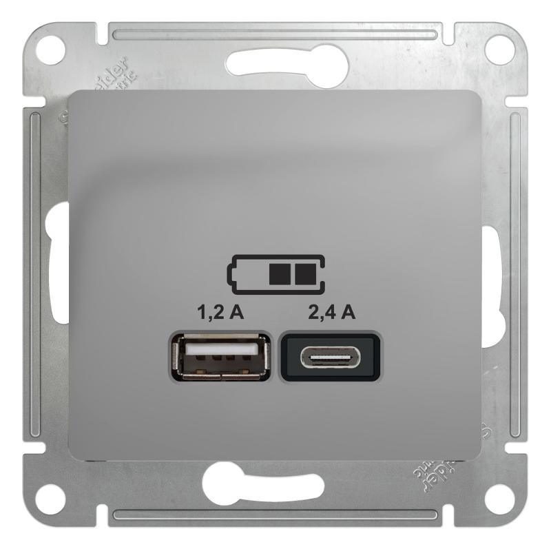 Glossa Алюминий USB Розетка A+С, 5В/2,4А, 2х5В/1,2 А, механизм | GSL000339 | SE — Systeme Electric