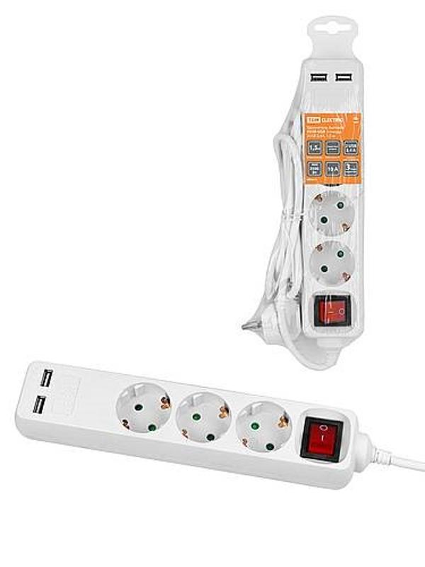 Удлинитель бытовой У03В-USB 3 гнезда, 2USB 2,4А, 1,5 м, вык., з/к, ПВС 3х0,75мм2 10А/250В белый | SQ1303-0303 | TDM — фото 1 | Sento