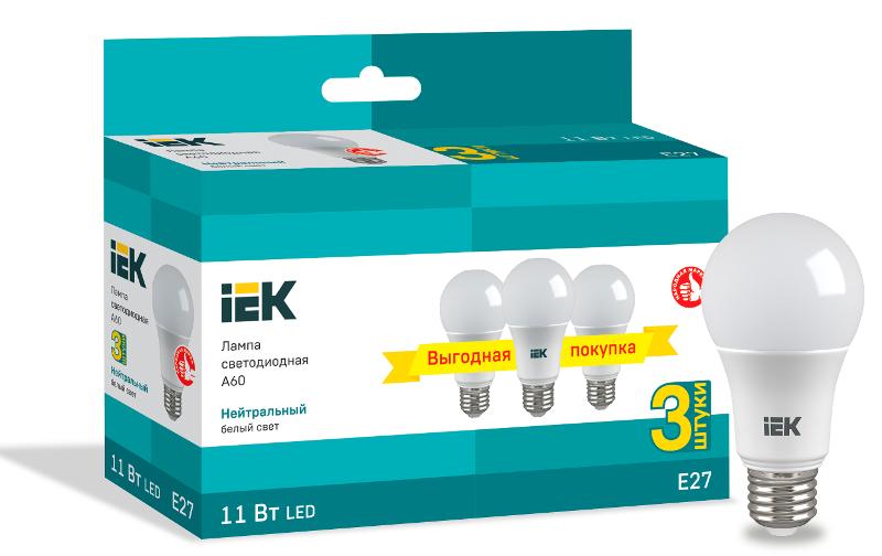 Лампа светодиодная LED A60 груша 11Вт 230В 4000К E27 (3шт/упак) | LLE-A60-11-230-40-E27-3 | IEK — IEK (ИЭК)