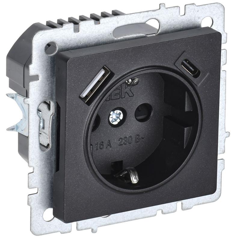 BRITE Розетка с заземлением со шторками 16А с USB A+C 18Вт РЮш11-1-БрЧ черный | BR-R14-16-U22-018-K02 | IEK — миниатюра 1