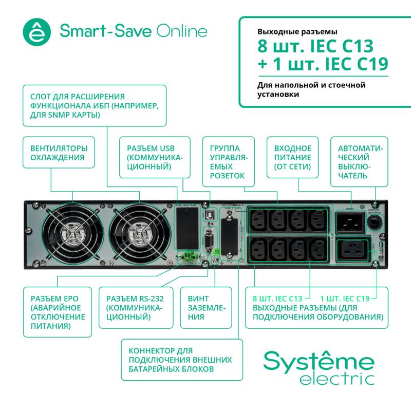 ИБП SRTSE3000RTXLI Systeme Electriс Smart-Save Online SRT, 3000VA/3000W, On-Line, Extended-run, Rack 2U(Tower convertible), LCD, Out: 8xC13+1xC19, SNM — миниатюра 9