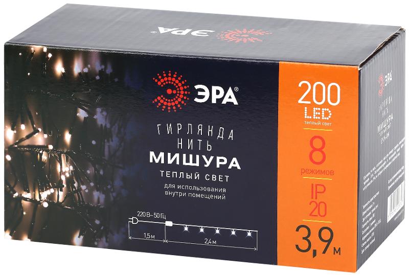 Гирлянда светодиодная  Нить Мишура 3,9 м зеленый провод, теплый свет, ENIN - GW   220V IP20 (24/576) | Б0047970 | ЭРА — миниатюра 2