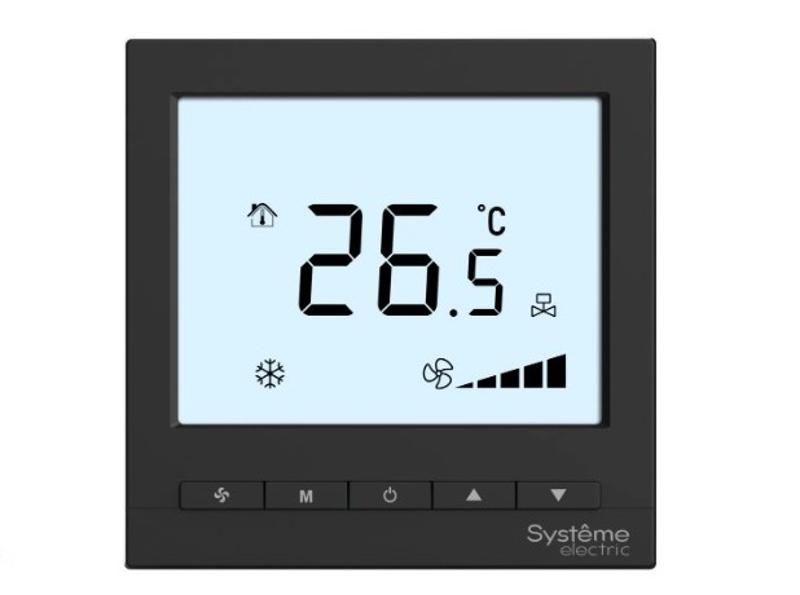 Термостат комнатный цифровой, О/Н/В/А для 4тр 3ск FCU и 2-поз.клап, 1UI 5DO Modbus ~230В чер BS | RTF4IMLB | SE — Systeme Electric