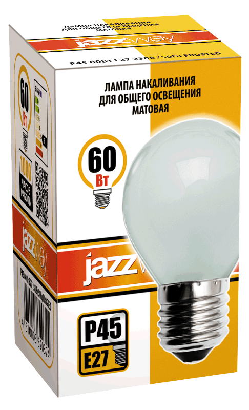Лампа накаливания ЛОН  60Вт Е27 240В P45 frosted | 3320324 | Jazzway — миниатюра 2