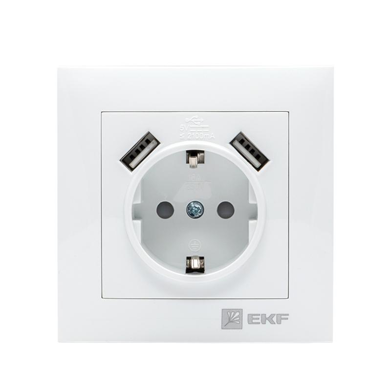 Валенсия розетка 1-местная с/з 16А белая с защ. штор. с 2 USB 2,1А EKF PROxima |  EWR16-028-10-2USB |  EKF — миниатюра 3