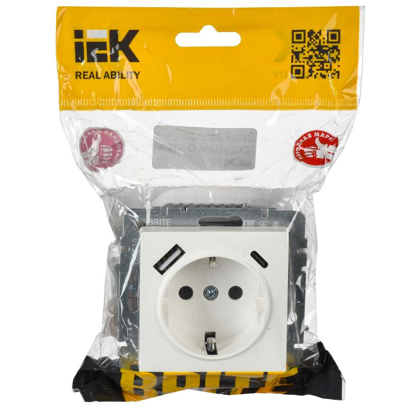 BRITE Розетка с заземлением со шторками 16А с USB A+C 18Вт РЮш11-1-БрБ белый | BR-R14-16-U22-018-K01 | IEK — миниатюра 2