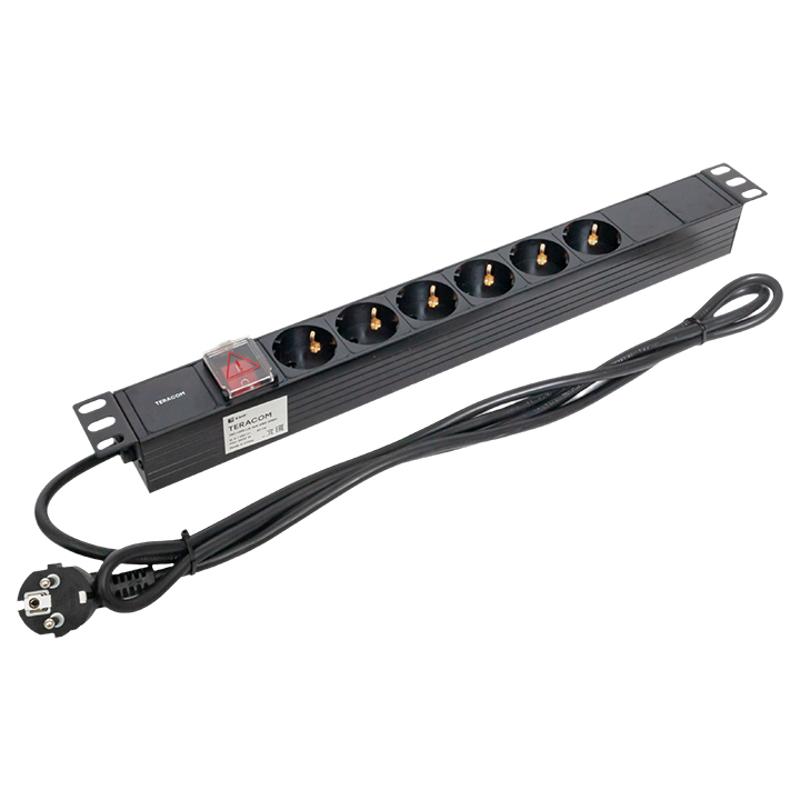 Блок розеток PDU TERACOM 19" 1U 16А/250В 6 розеток Schuko 2 метра 3x1,5 мм2 вилка Schuko | TRC-HPD-LS-16A-6SH-2MSH | EKF — миниатюра 3