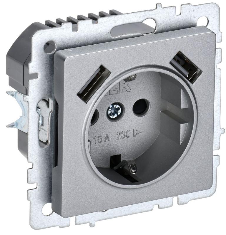 BRITE Розетка с заземлением со шторками 16А с USB A+A 3,1А РЮш10-2-БрА алюминий | BR-R14-16-U21-D31-K47 | IEK — миниатюра 1